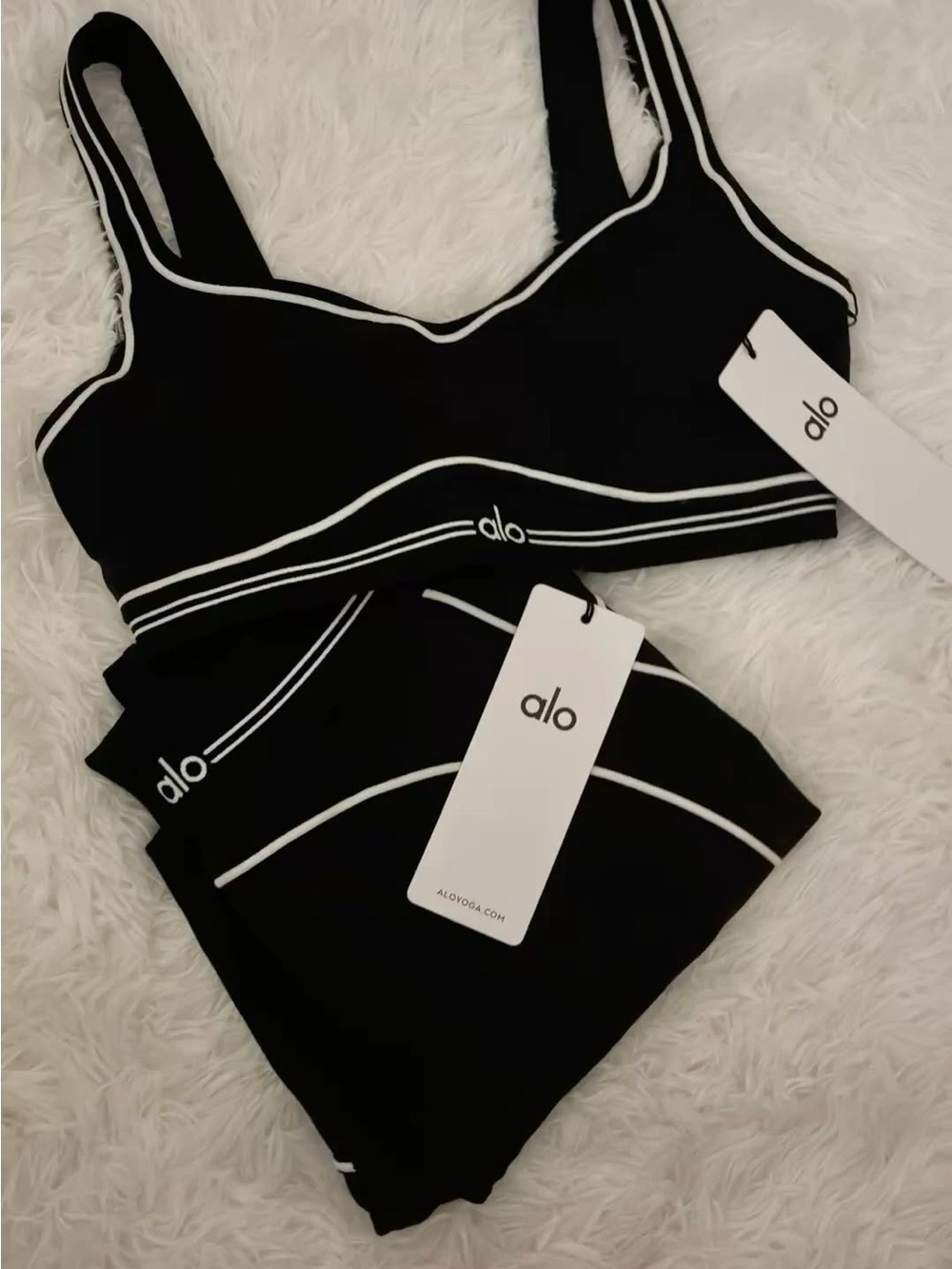 ALO Yoga Black Sports Bra and Brief Set with White Piping